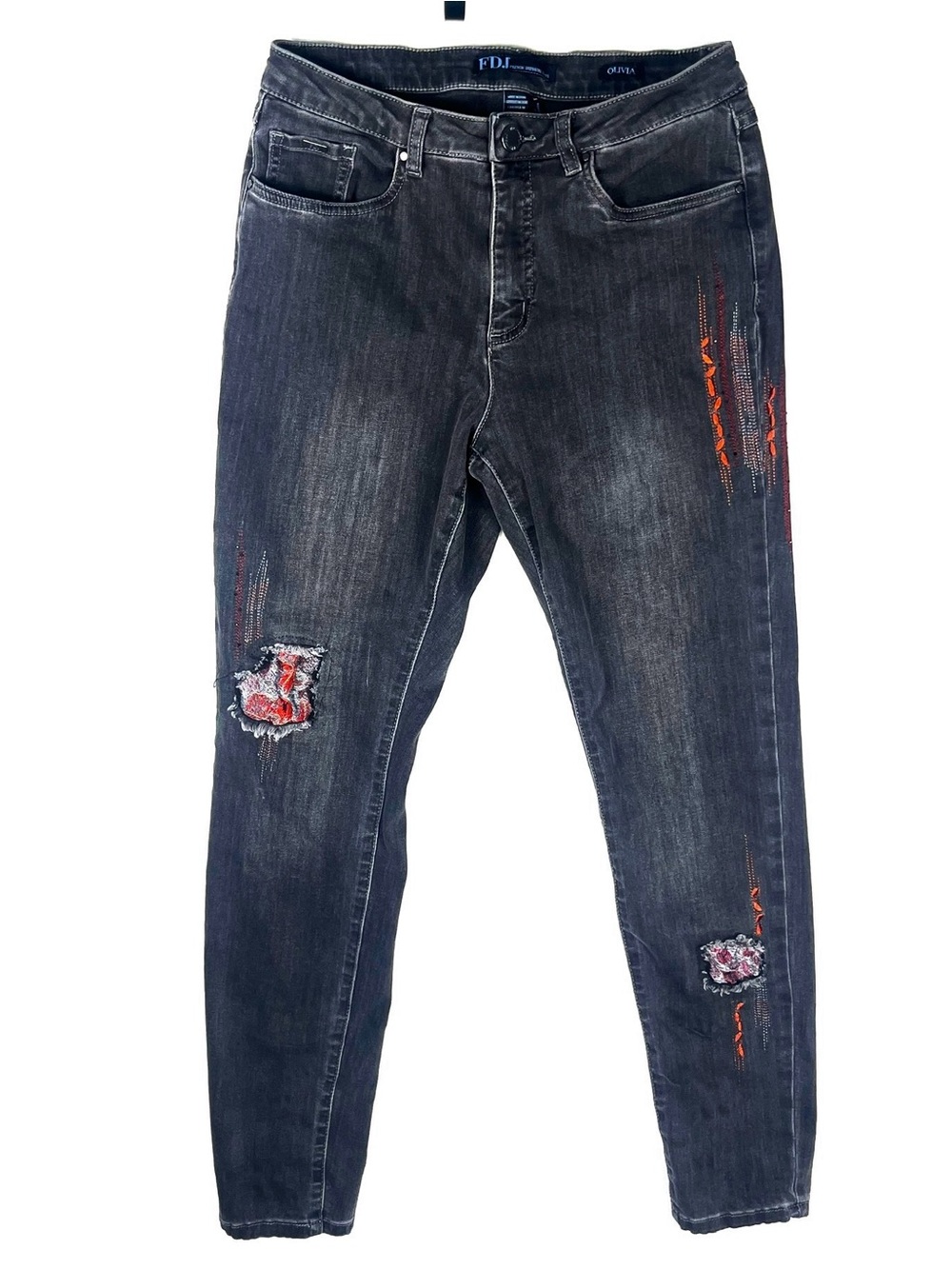 Black Skinny Jeans with Red Accent Distressing